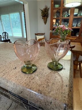 Antique Pink Tulip Glass Vases with Green Bases